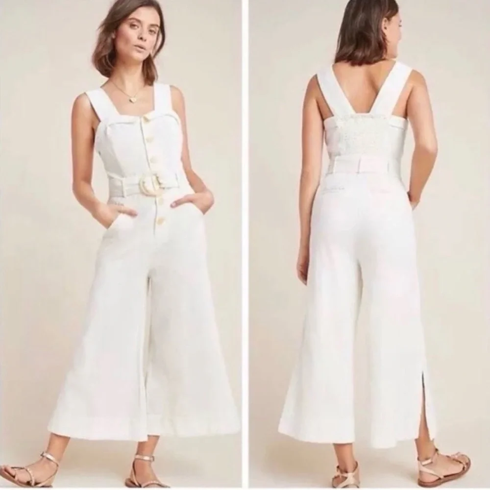 Anthropologie Linen Blend Cape Cod Sleeveless Jumpsuit with Belt - Picture 1 of 15